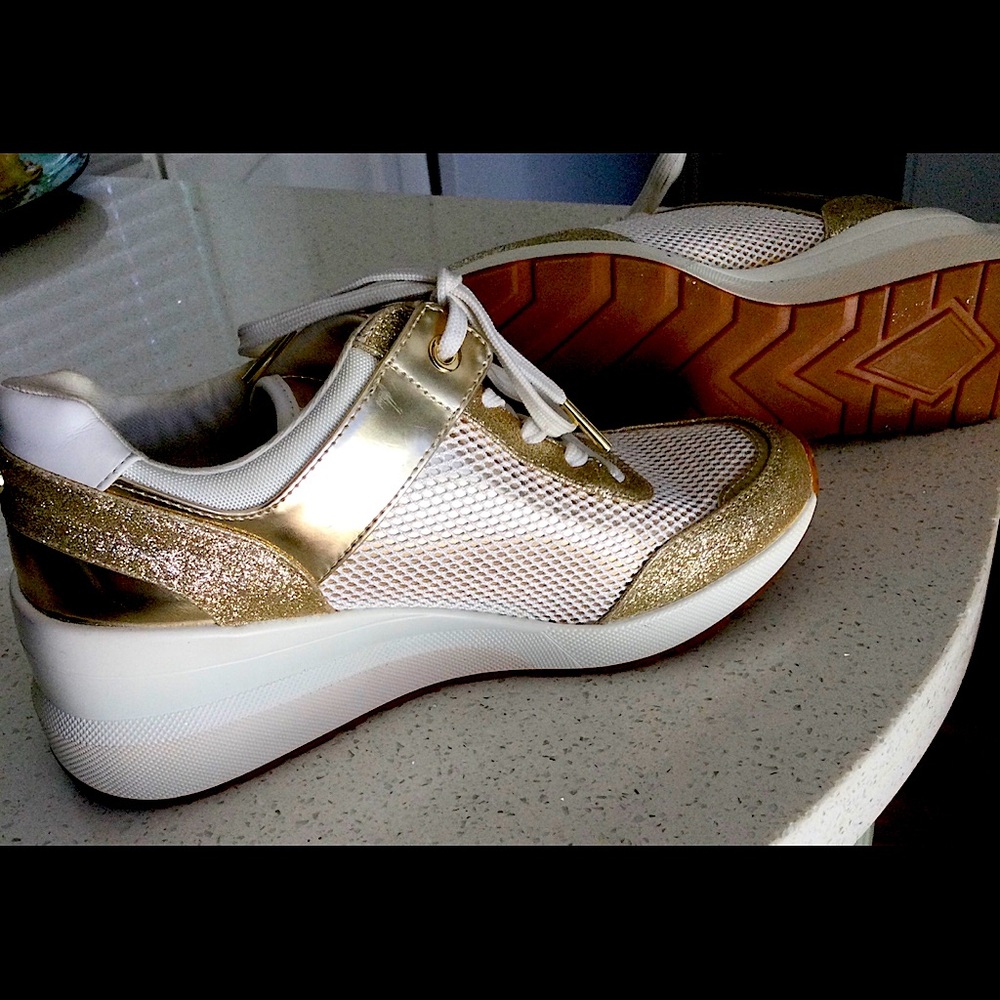 Michael Kors Collection Gold and White Mesh Platform Sneakers